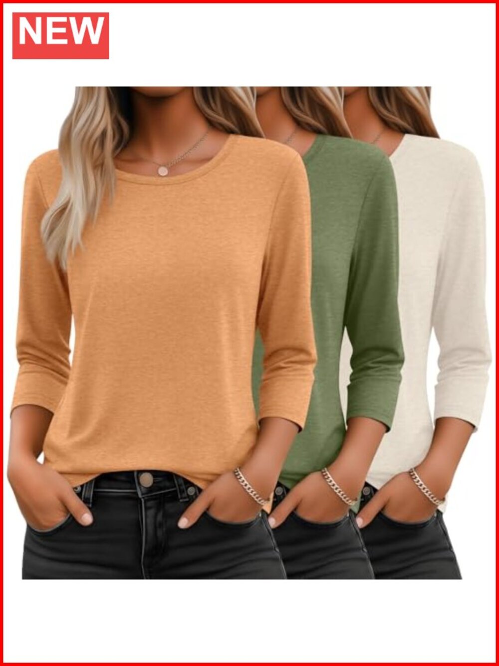 3/4 Sleeve Crewneck T-Shirts for Women Loose Fit Cotton Blend